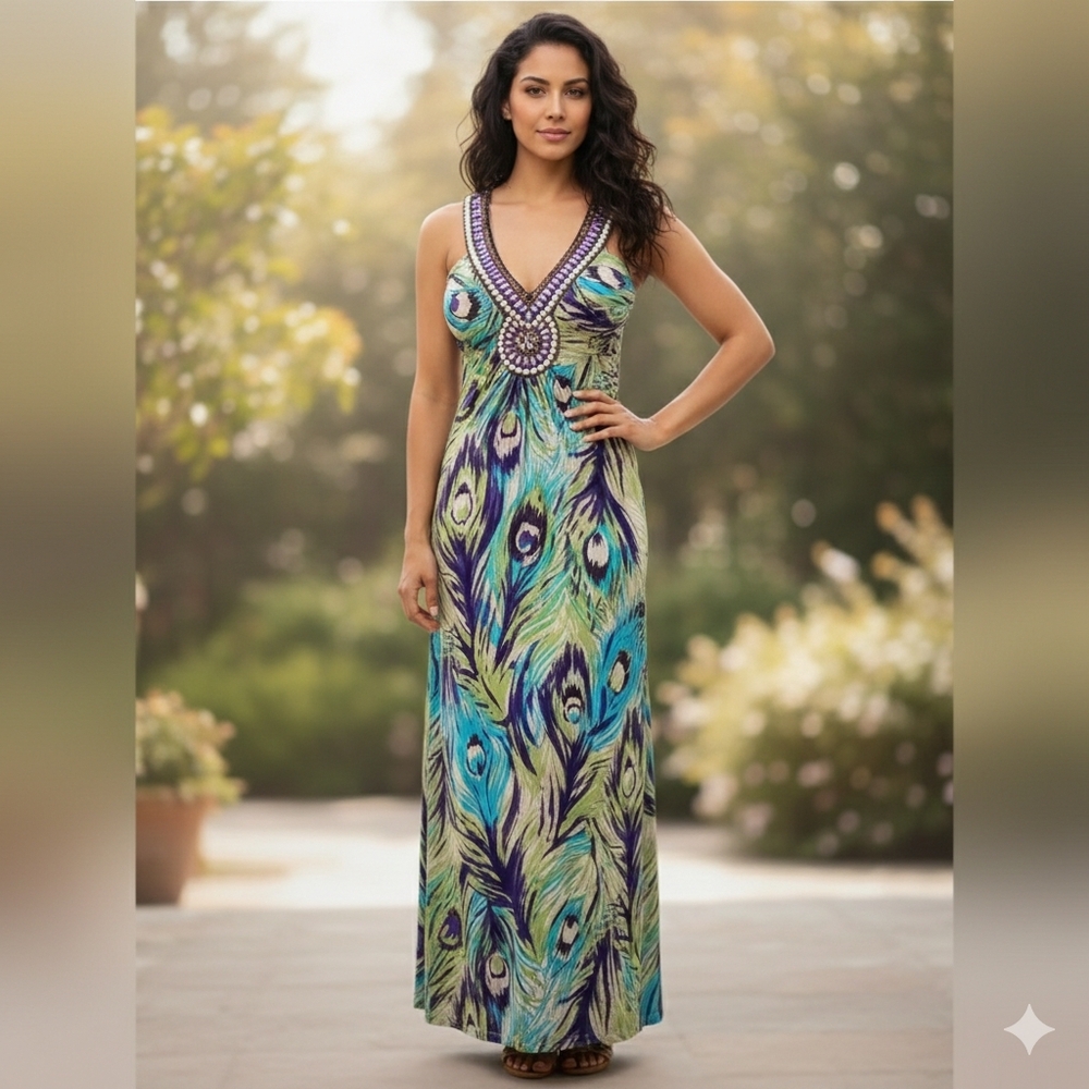 Roulette Peacock Print Beaded Halter Maxi Dress - Boho Glam